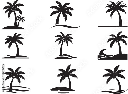 Set of Palm Tree Seaside Beach icon, Palm Tree Seaside Beach silhouette vector