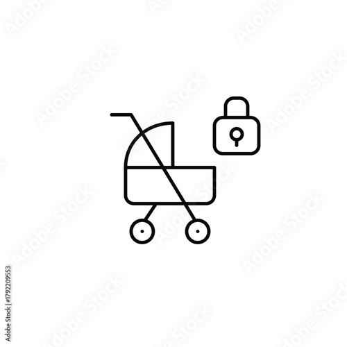 Baby stroller and lock. Child safety, parental control. Pixel perfect, editable stroke vector icon