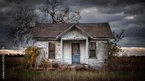 A dilapidated house stands with a porch and a chimney, its aged and abandoned state creating a somber and isolated atmosphere