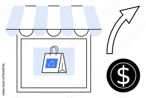 Shopfront displaying a bag with recycling sign, arrow indicating growth, and currency icon. Ideal for sustainability, eco-commerce, business growth, profit, economy, green marketing simple flat