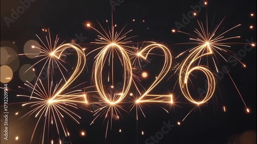Bright shining numbers 2026 from sparklers. Happy New Year greetings.
