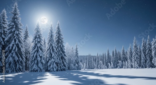 Sunlight snow covered pine forest and open meadow in winter