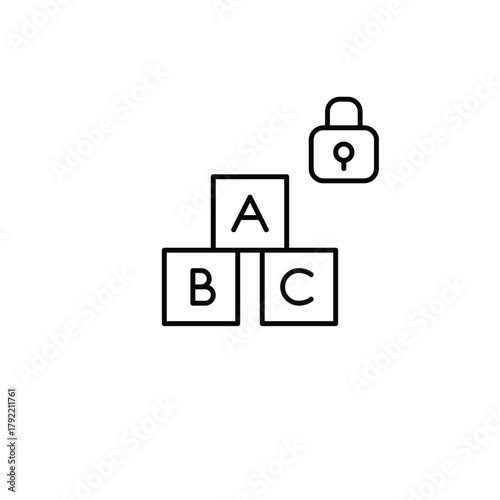 Alphabet cubes and lock. Child safety toys, parental control. Pixel perfect, editable stroke vector icon
