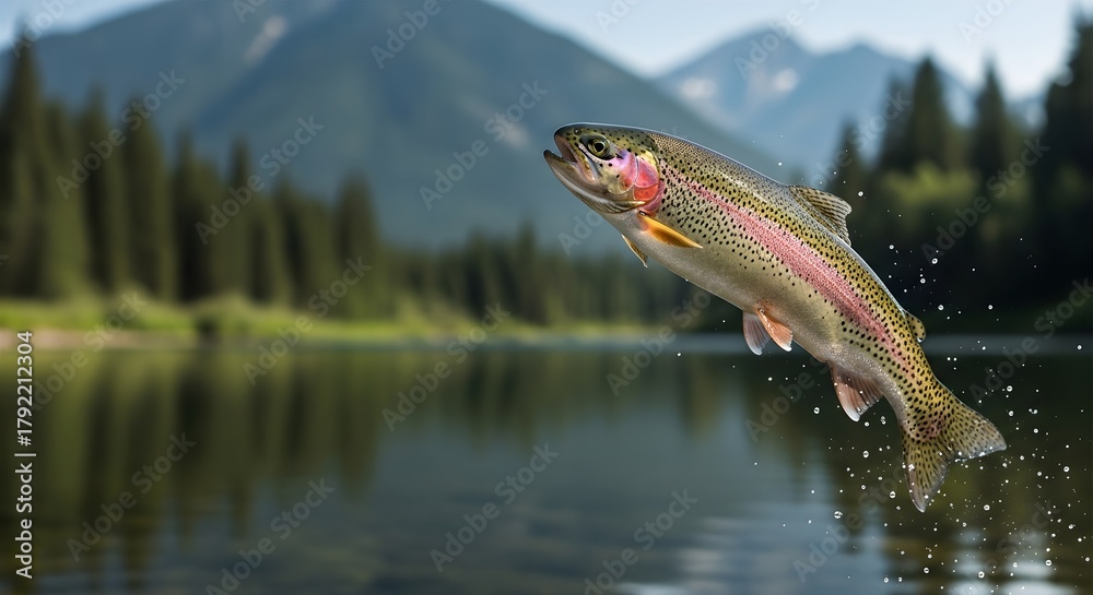 Fototapeta premium Rainbow Trout Leaping Above a Calm Lake Surface Surrounded by Forest Trees