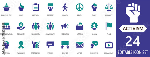 Powerful activism and protest solid icon set symbolizing unity, equality, and social change. Ideal for campaigns, awareness projects, and human rights designs.