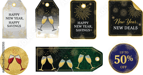 New Year sale tag illustration—festive promotional labels with champagne, fireworks, and glitter accents for seasonal retail and marketing visuals