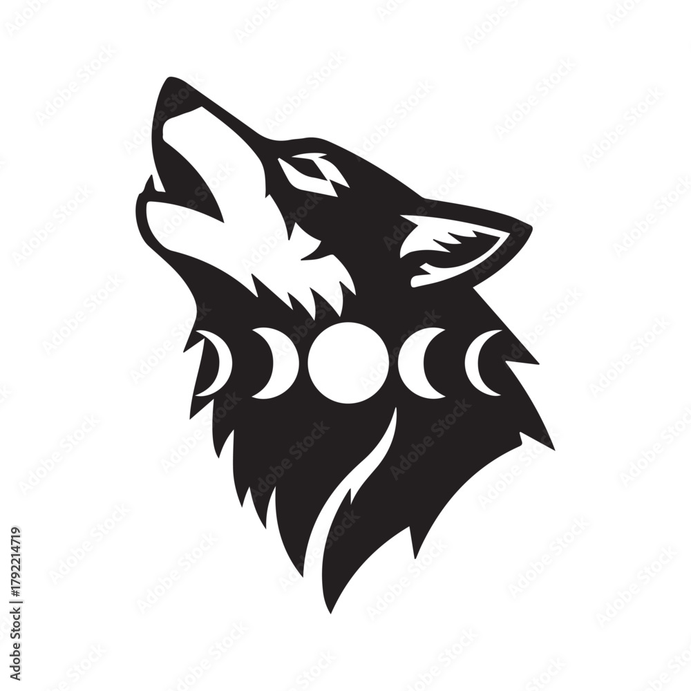 Obraz premium Howling Wolf with Moon Phases Black White Vector Icon
