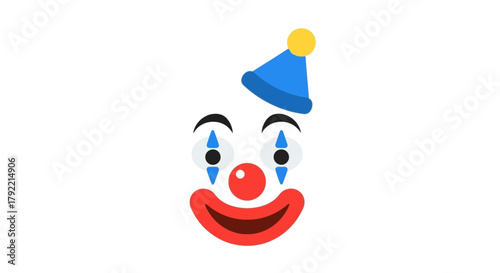 Clown face with party hat red nose and painted smile.