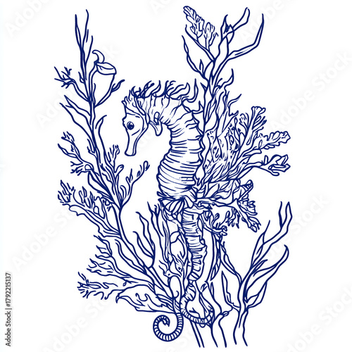 Minimalist line art of sea life drawn in dark blue ink on a white background. Hand-drawn ocean creatures, corals and underwater elements in ballpoint pen style. Clean, elegant, artistic set.