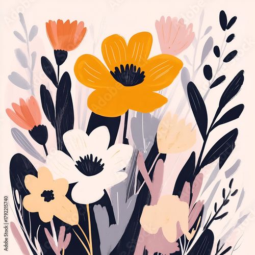 Charming vector set of hand-drawn flowers and floral wreaths in muted tones. Soft palette of dark blue, beige, green, and yellow. Delicate, cozy and rustic botanical illustrations for modern design.