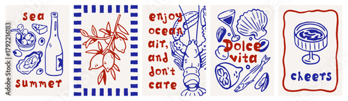Dolce Vita holiday posters set. Italian doodle style cards with seafood, limoncello, lobster and lemon. Vertical background designs with Mediterranean food and drink. Hand-drawn vector illustrations