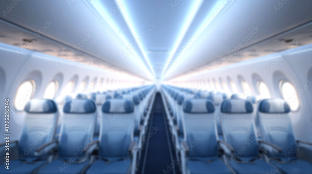 Fototapeta premium Interior view of an airplane cabin featuring rows of empty blue seats, illuminated by soft overhead lighting, creating a spacious and modern travel environment