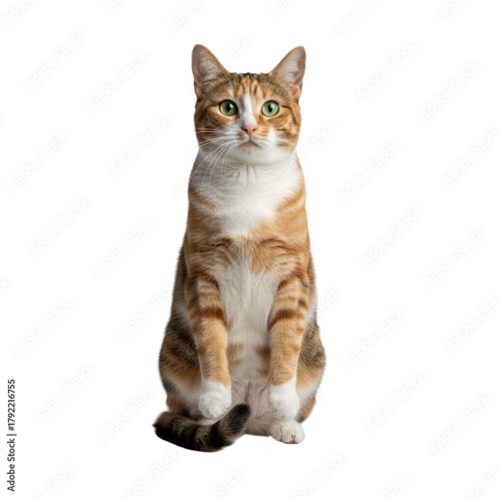 Fototapeta premium Sitting Calico or Tortoiseshell Cat with Green Eyes Isolated on White