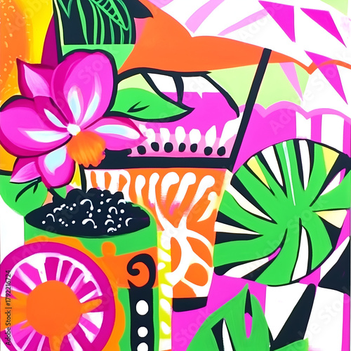 Vibrant, hand-drawn tropical summer illustrations featuring cocktails, fruits, and bright abstract elements in fauvism style. Perfect for summer vibes, party concepts, and colorful design projects.