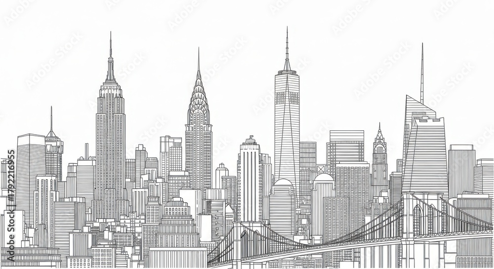 Naklejka premium Striking monochromatic line drawing of the iconic New York City skyline on a white backdrop