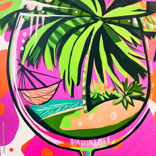 Vibrant, hand-drawn tropical summer illustrations featuring cocktails, fruits, and bright abstract elements in fauvism style. Perfect for summer vibes, party concepts, and colorful design projects.