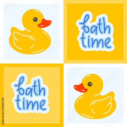 Yellow bath duck toy. Bath time. Seamless pattern