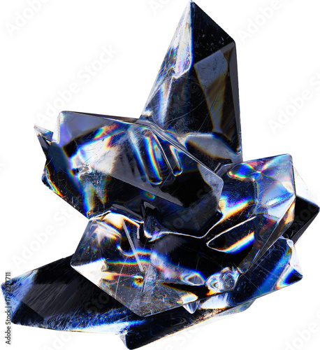 3D realistic crystal abstract shape element isolated. Reflecton gemstone shape in blue ice glass material, shiny futuristic illustration