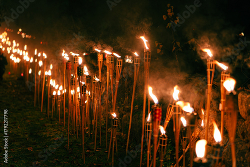 Line of Burning Torches in the Night – Warm Light Ceremony Honoring Freedom, Unity, and Remembrance