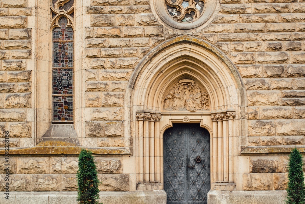 custom made wallpaper toronto digitalOrnate stone church entrance with stained glass window