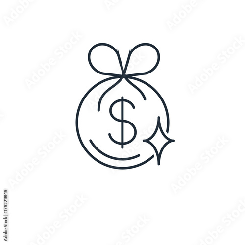 A dollar coin with a festive bow and glitter. Financial savings, discounts, and benefits.Vector linear icon isolated on white background.