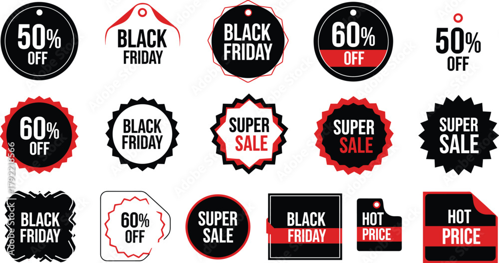 Obraz premium Black Friday sale tag illustration—bold promotional labels with discounts, hot price graphics, and clean shapes for retail marketing visuals