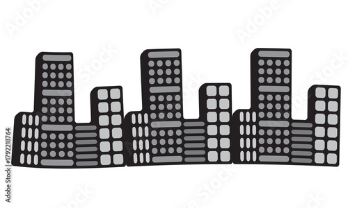 Stylized graphic illustration of a modern city skyline with monochrome skyscrapers, urban architectural design element 14