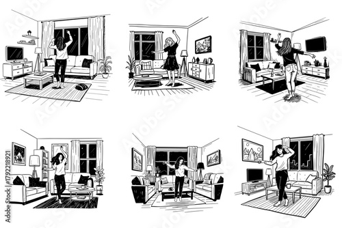 Woman dancing alone in the living room at night  