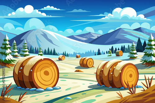 Round hay bales half buried in snow across open farmland in soft sunlight wallpaper background