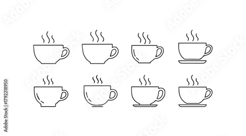 Collection of eight steaming coffee cups in a simple line art silhouette style