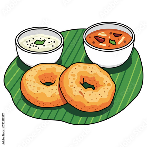 Medu Vada with Chutneys – South Indian Snack Vector Illustration
