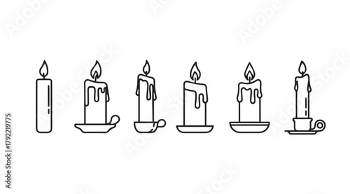 Collection of six simple line art candle silhouettes with dripping wax and holders silhouette