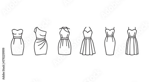 Collection of elegant women s dresses in a minimalist line art silhouette style