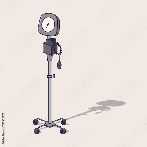 Illustration of a Standing Blood Pressure Monitor on Medical Rolling Stand with Cuff, Bulb Pump, and Gauge for Clinic Checkup and Daily Health Examination