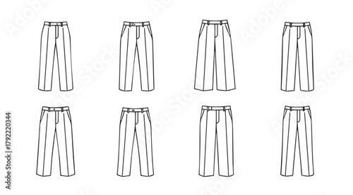 Collection of eight vertical pants silhouettes in a simple line drawing style silhouette