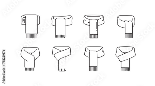 Collection of eight different scarf tying styles illustrated in a simple line drawing silhouette