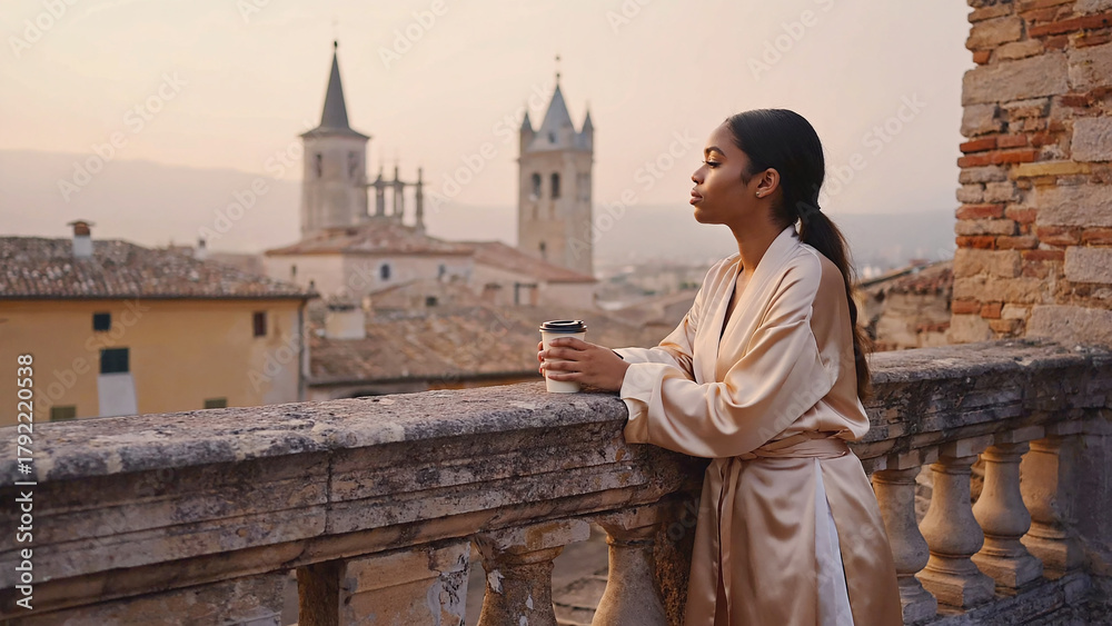 Obraz premium Young woman in satin robe enjoying morning coffee on old stone balcony overlooking historic european rooftops at soft sunrise light