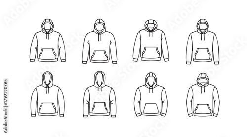 Collection of eight different hoodie designs in a simple black and white line art silhouette