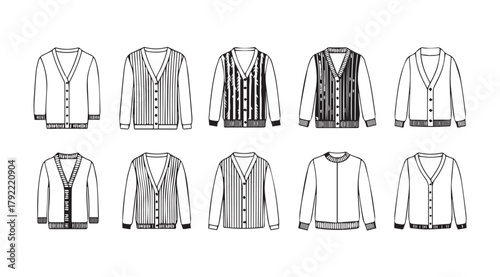 Collection of hand drawn cardigan sweater designs in a clean silhouette style