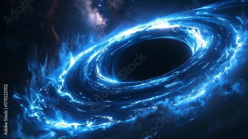 Massive black hole in deep space with a glowing blue accretion disk and swirling energy.
