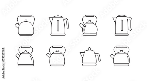 Collection of eight different kettle silhouettes in a clean line art style