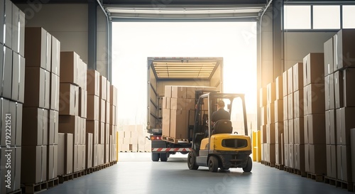 Man forklift operator loading cardboard box from warehouse to truck. Industrial delivery process at logistics center. Distribution and supply chain concept.