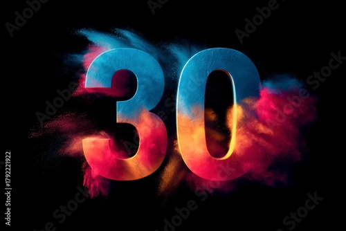 Colorful Explosion of Powder Around the Number Thirty in Black Background