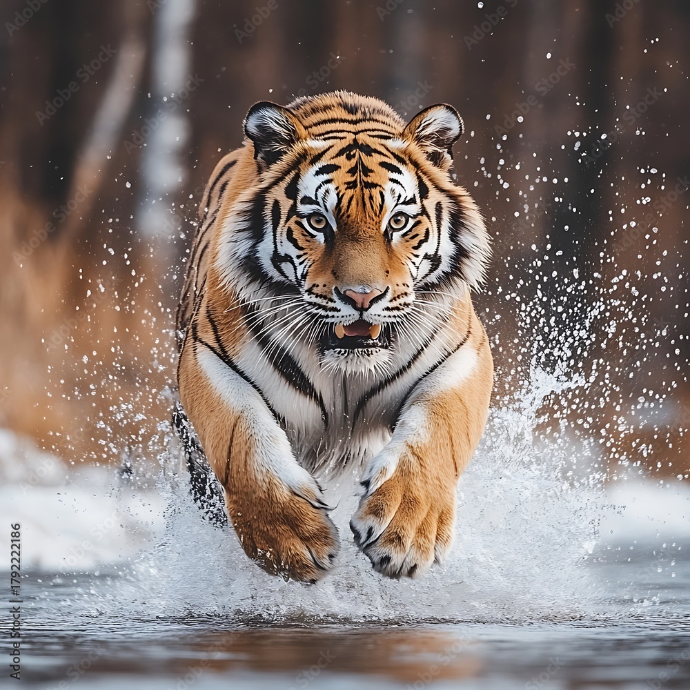 Naklejka premium Majestic Siberian Tiger Leaping Through Water in Winter Powerful Feline Against Snowy Backdrop Displaying Strength and Agility in Natural Habitat Wildlife