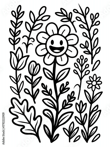 A black and white doodle-style illustration features a happy flower with a smiley face at its center, surrounded by various leaves and botanical elements.