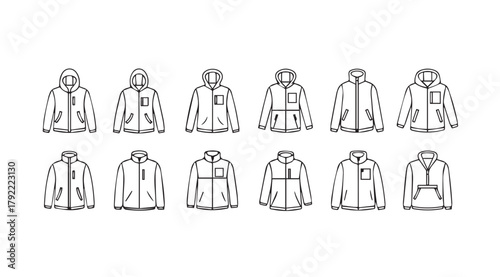 Collection of outerwear jackets and coats in a minimalist black and white sketch silhouette style