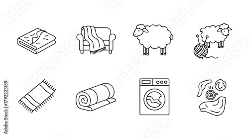 Collection of cozy home and laundry icons in a simple silhouette style