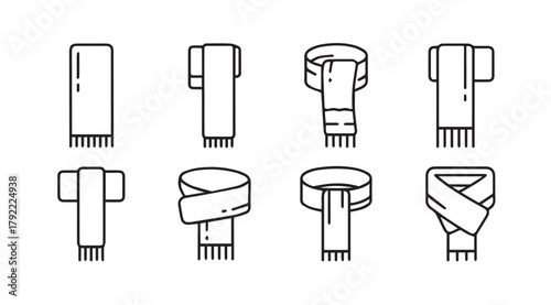 Collection of eight different scarf tying styles shown as simple line art silhouette