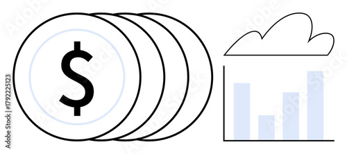 Stacked coins with dollar sign and bar chart within a cloud suggest financial analysis, growth, and success. Ideal for finance, economy, investment, data, cloud computing savings and innovation. A