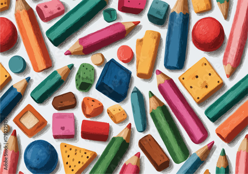 Una vista aérea de lápices de colores y gomas de borrar de diversas formas y tamaños, esparcidos sobre un fondo blanco, con una textura artística.